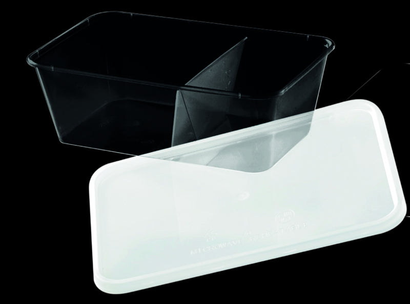 Caja negra rectangular PP con tapa 2 compartimentos 750ml 175x120mm A60mm - 50Uds