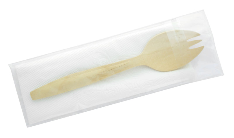 Kit 2/1 cubiertos de madera : de madera: Cuchara-tenedor, servilleta con funda individual A147mm - 250Uds