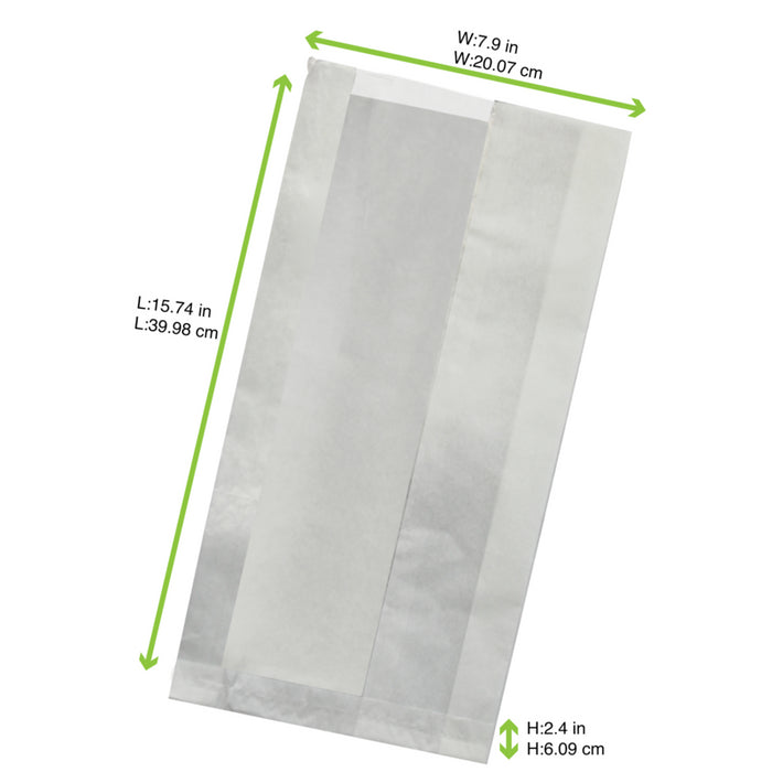 Bolsa bocadillo de papel kraft antigrasa blanca con ventana y fuelle de 4 cm 200x60mm A400mm - 1000Uds