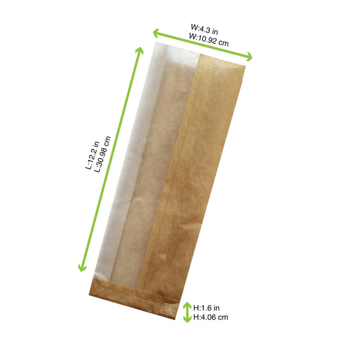 Bolsa bocadillo de papel kraft marrón con ventana y fuelle de 4 cm 110x40mm A310mm - 1000Uds