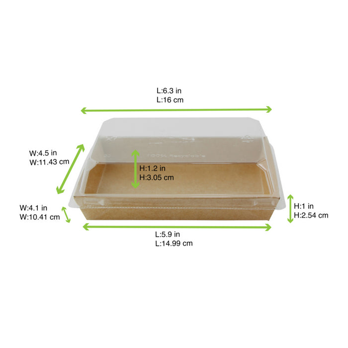 Bandeja para sushi kraft con tapa PET transparente 153x102mm A25mm - 50Uds