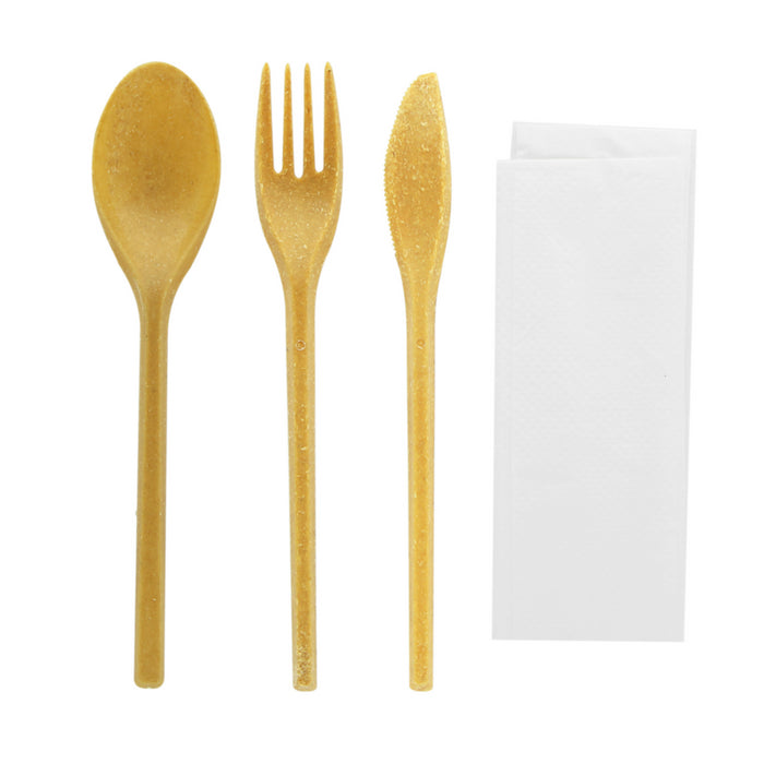 Kit cubiertos de madera 4/1: Cuchillo,tenedor,cuchara grande,servilleta funda kraft A250mm - 50Uds