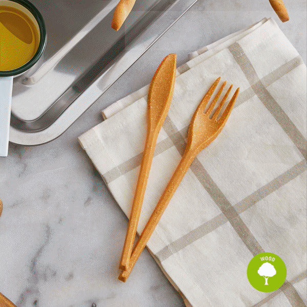 Kit cubiertos de madera 4/1: Cuchillo,tenedor,cuchara grande,servilleta funda kraft A250mm - 50Uds