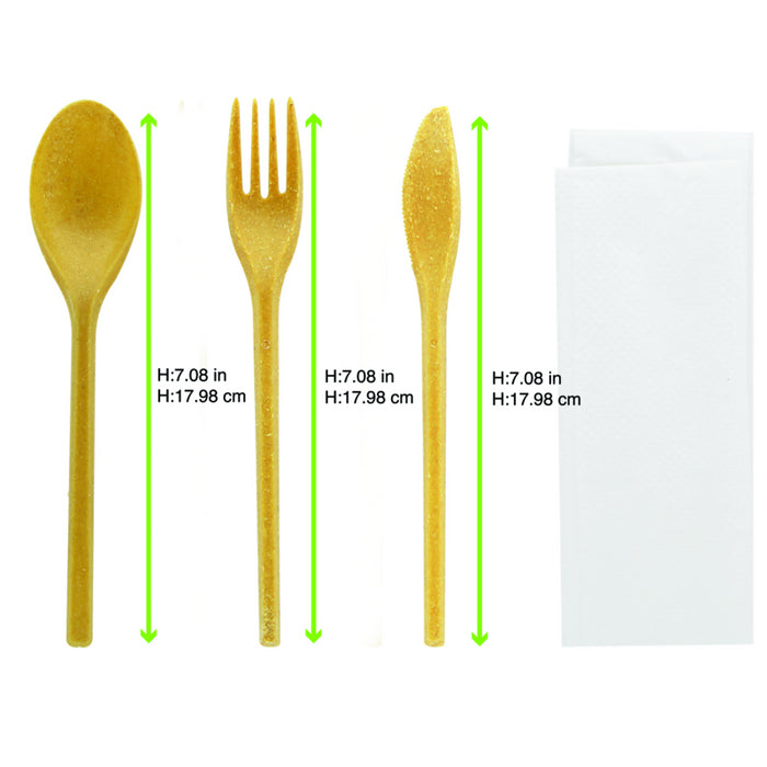 Kit cubiertos de madera 4/1: Cuchillo,tenedor,cuchara grande,servilleta funda kraft A250mm - 50Uds