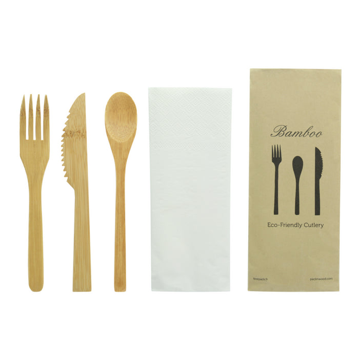 Kit 4/1 cubierto Bambú: Cuchillo, tenedor, cuchara y servilleta, envoltorio kraft A160mm - 50Uds