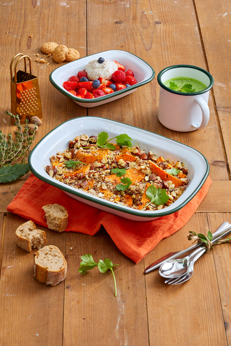 Bandeja Enamely blanca en acero esmaltado con borde verde 350ml 180x130mm A40mm - 12Uds