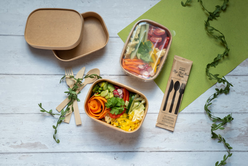 Kit 4/1 cubiertos de madera HERCULES: Cuchillo, tenedor, cuchara y servilleta, envoltorio kraft A185mm - 50Uds