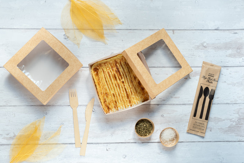 Kit 4/1 cubiertos de madera HERCULES: Cuchillo, tenedor, cuchara y servilleta, envoltorio kraft A185mm - 50Uds