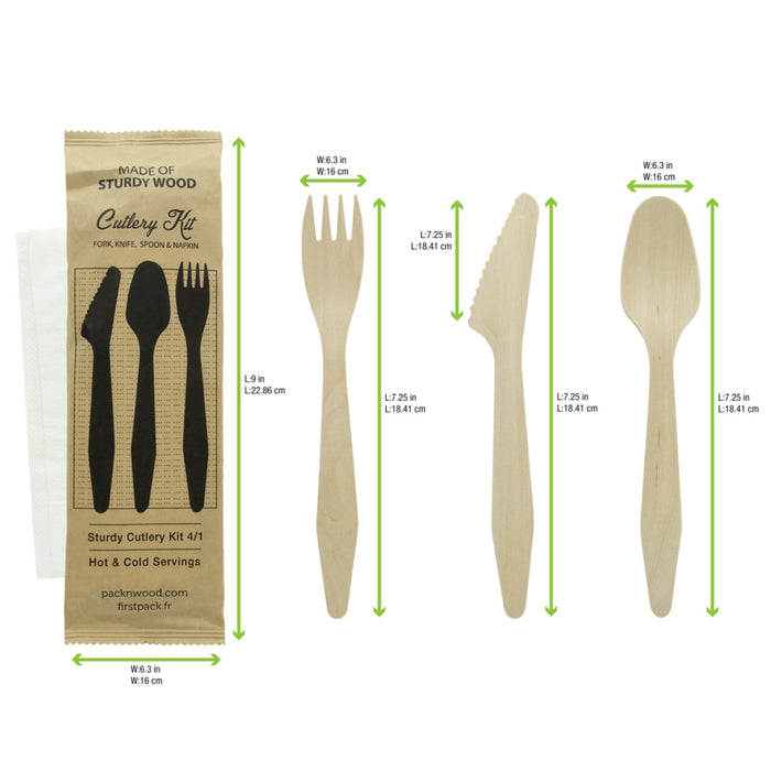 Kit 4/1 cubiertos de madera HERCULES: Cuchillo, tenedor, cuchara y servilleta, envoltorio kraft A185mm - 50Uds