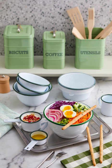 Fuente redonda con asas de acero esmaltado blanco Enamely con borde verde 1000ml Ø180mm A50mm - 12Uds