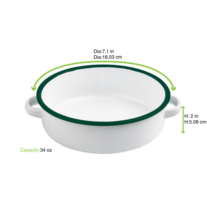 Fuente redonda con asas de acero esmaltado blanco Enamely con borde verde 1000ml Ø180mm A50mm - 12Uds