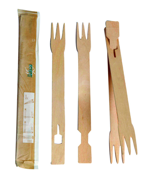 Palillos chinos de madera tipo tenedor empaquetados por 2 unidades A180mm - 100Uds