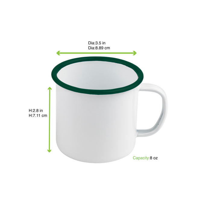 Taza de acero esmaltado blanco Enamely con borde verde 250ml A70mm - 12Uds