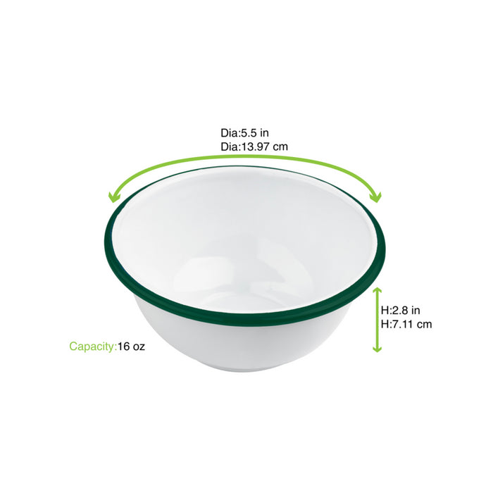 Cuenco de acero esmaltado blanco Enamely con borde verde y plano 470ml Ø140mm A70mm - 12Uds