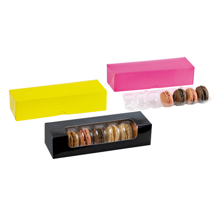 Caja de cartón negra para 7 macarrones con ventana 215x68mm A48mm - 50Uds