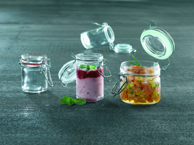 Tarros pequeños de vidrio BOKA con junta silicona verde 100ml A71,5mm - 12Uds