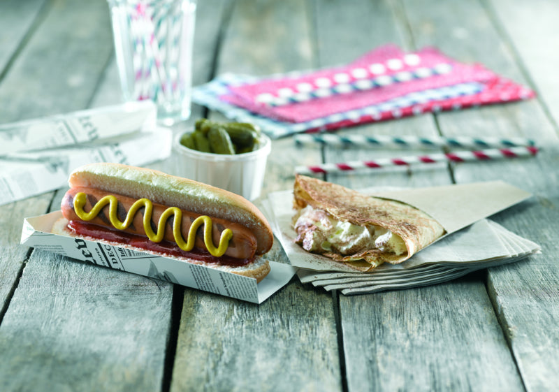 Soporte de cartón para Hot Dog con diseño periódico 180x40mm A19mm - 50Uds