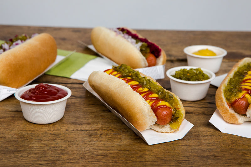 Soporte de cartón para Hot Dog con diseño periódico 180x40mm A19mm - 50Uds