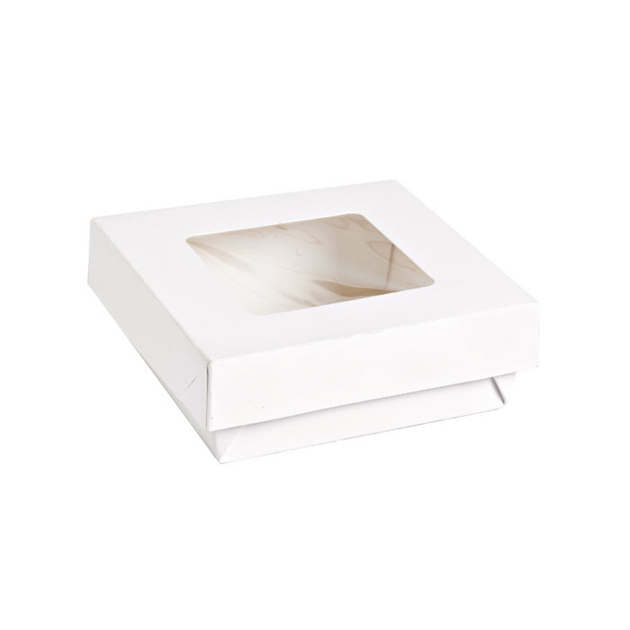 Caja cuadrada de cartón blanco con tapa ventana KRAY 950ml 155x155mm A50mm - 25Uds