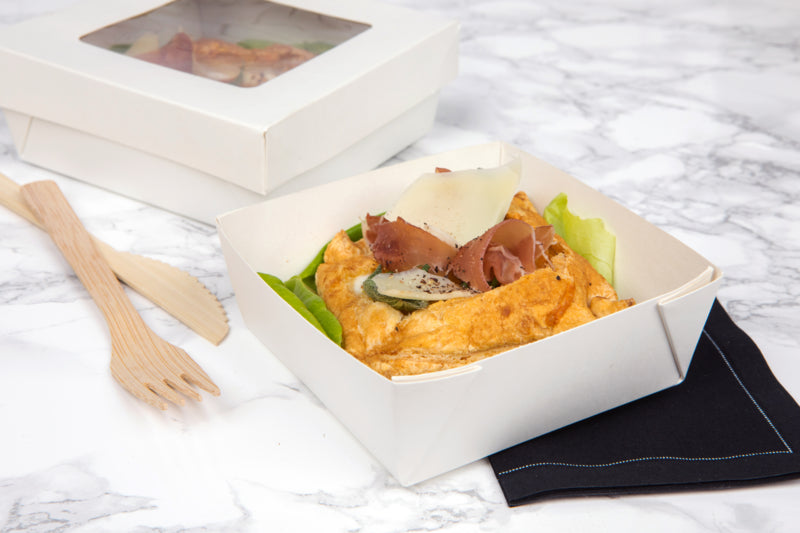 Caja cuadrada de cartón blanco con tapa ventana KRAY 950ml 155x155mm A50mm - 25Uds