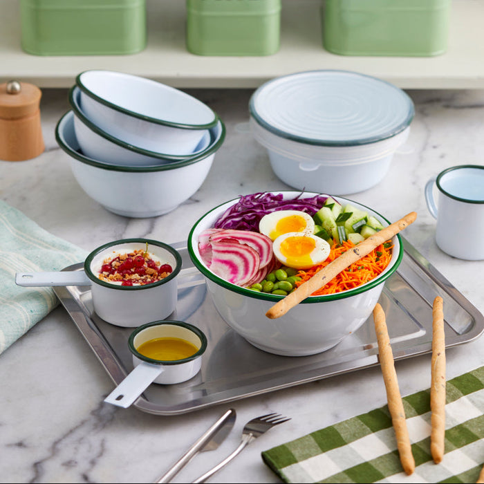 Cuenco de acero esmaltado blanco Enamely con borde verde 1500ml Ø180mm A90mm - 12Uds