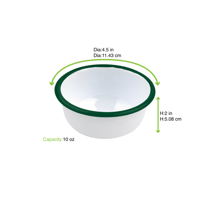 Cuenco de acero esmaltado blanco Enamely con borde verde y plano 300ml Ø115mm A50mm - 12Uds