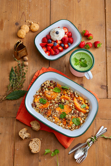 Bote de acero esmaltado blanco Enamely con borde recto y verde 730ml A100mm - 12Uds