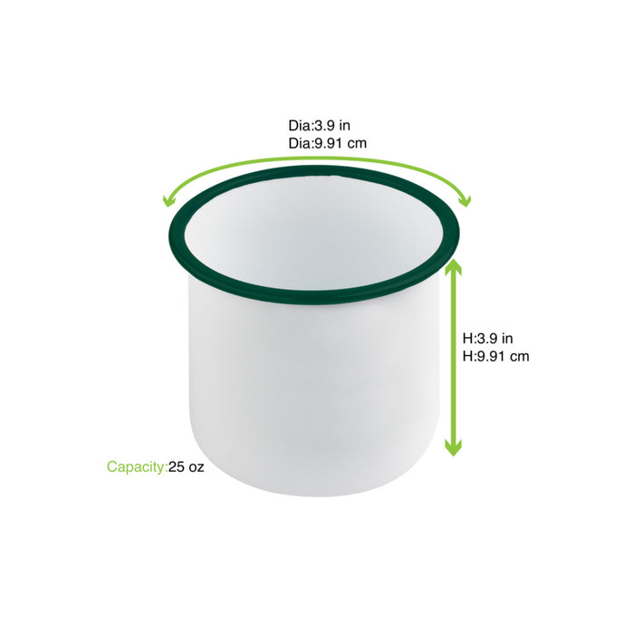 Bote de acero esmaltado blanco Enamely con borde recto y verde 730ml A100mm - 12Uds