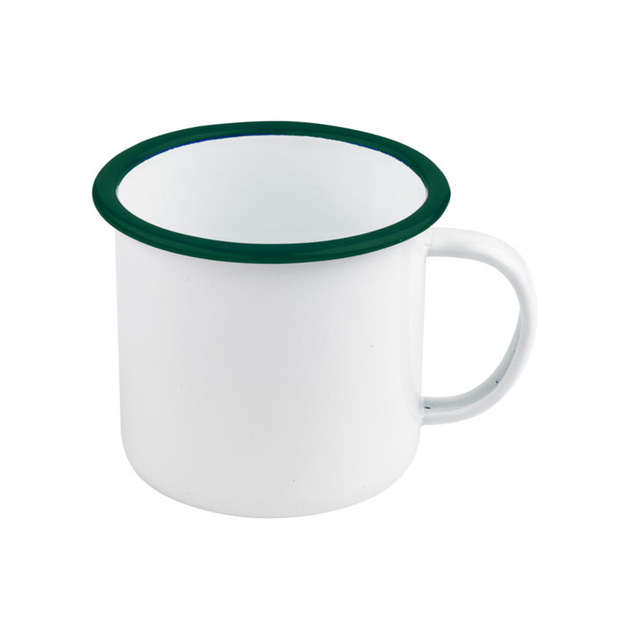 Taza de acero esmaltado blanco Enamely con borde verde 350ml A75mm - 12Uds