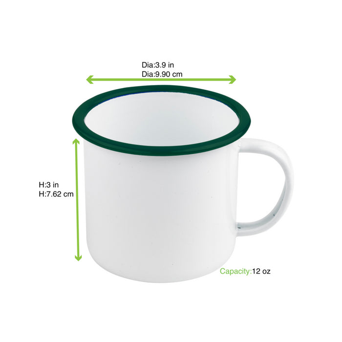 Taza de acero esmaltado blanco Enamely con borde verde 350ml A75mm - 12Uds