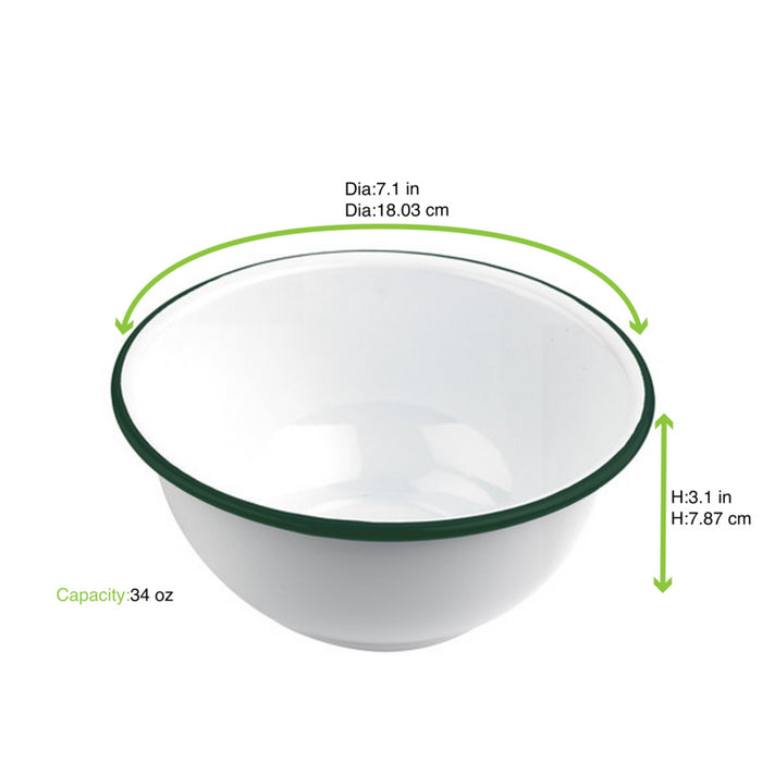 Cuenco de acero esmaltado blanco Enamely con borde verde y plano 1000ml Ø180mm A80mm - 12Uds