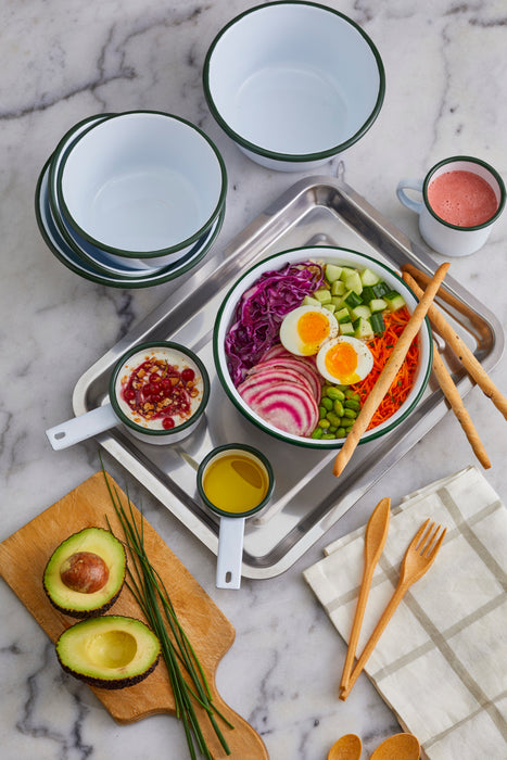 Taza de acero esmaltado blanco Enamely con borde verde 150ml A60mm - 12Uds