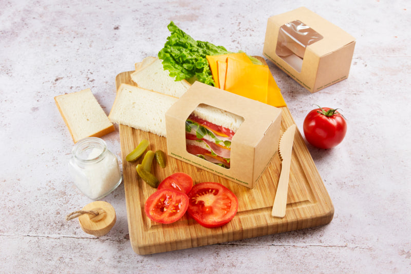 Caja bocadillo cartón kraft laminada con ventana PLA 125x77mm A72mm - 50Uds
