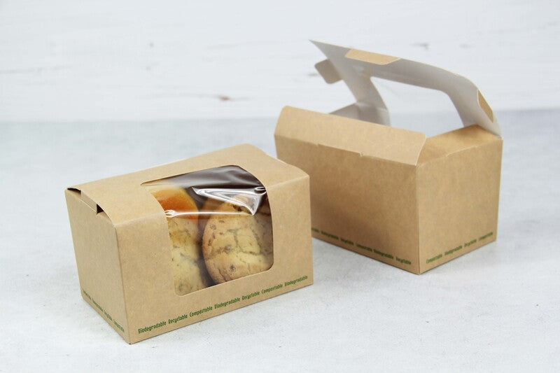 Caja bocadillo cartón kraft laminada con ventana PLA 125x77mm A72mm - 50Uds