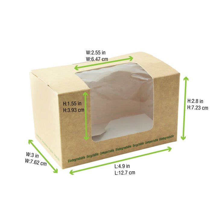 Caja bocadillo cartón kraft laminada con ventana PLA 125x77mm A72mm - 50Uds
