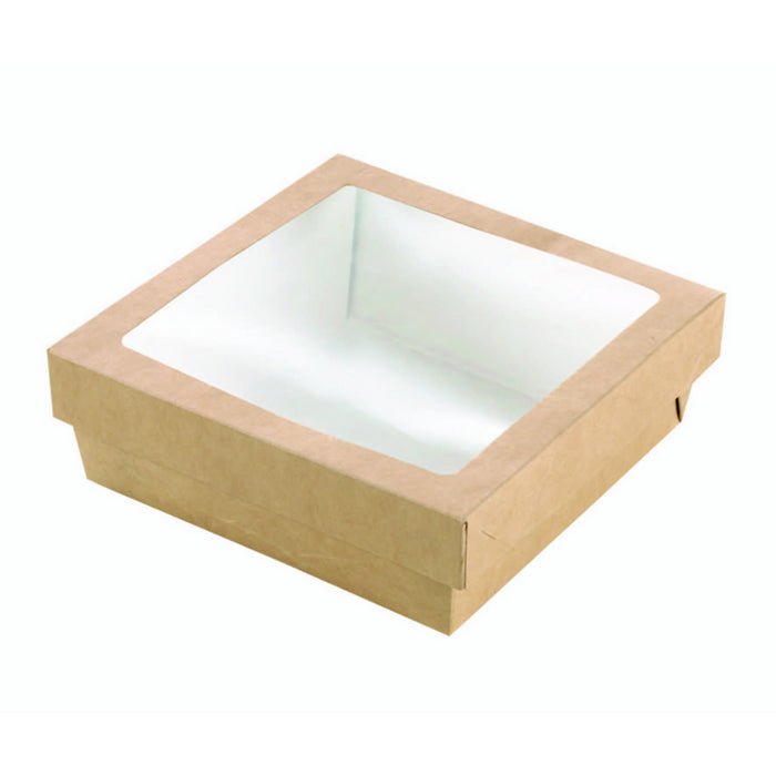 Caja cuadrada de cartón marrón con tapa ventana PLA KRAY 900ml 155x155mm A50mm - 25Uds