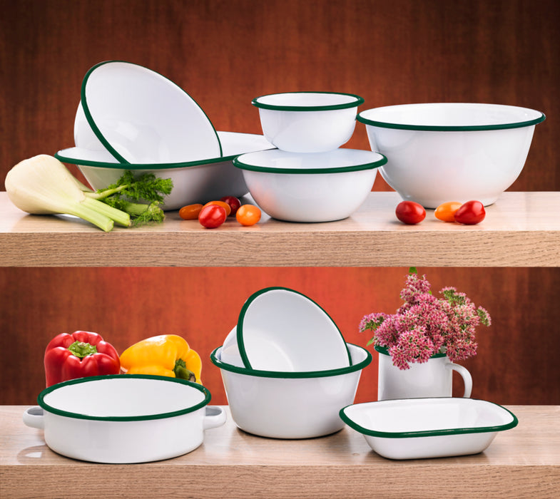 Cuenco de acero esmaltado blanco Enamely con borde verde 1000ml Ø160mm A80mm - 12Uds