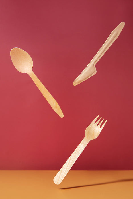 Kit 3/1 cubiertos de madera HERCULES: Cuchillo, tenedor, cuchara, envoltorio kraft A185mm - 50Uds