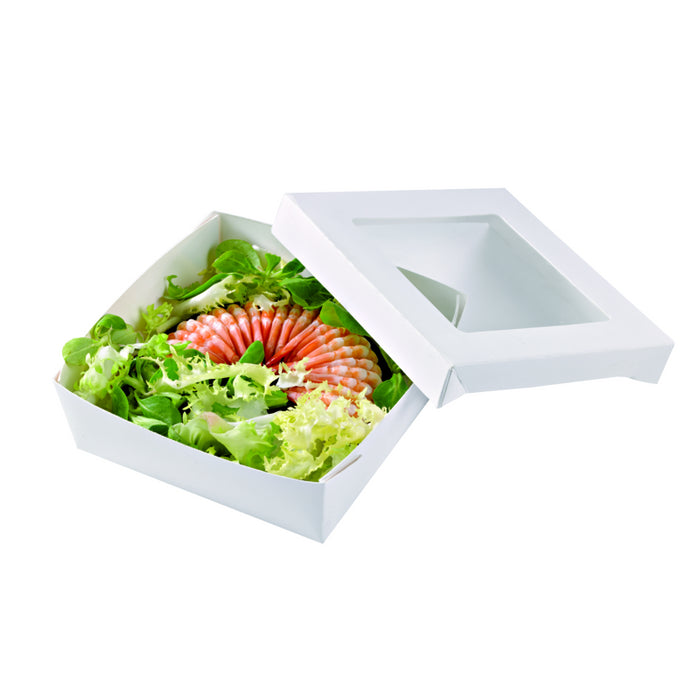Caja cuadrada de cartón blanco con tapa ventana PLA KRAY 700ml 135x135mm A50mm - 25Uds