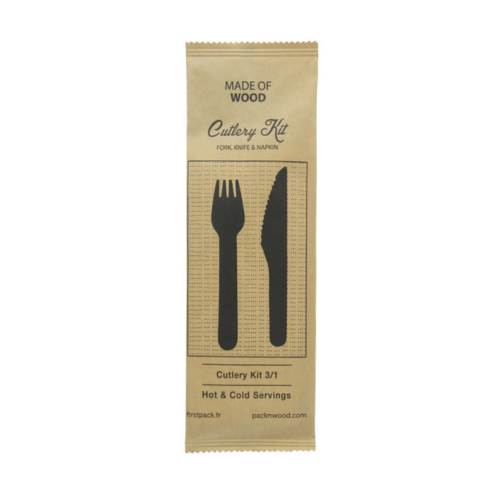 Kit cubiertos de madera 3/1: Cuchillo, tenedor, servilleta con funda kraft A165mm - 50Uds