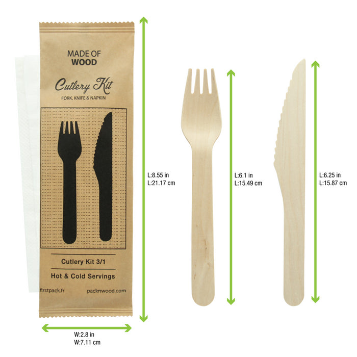 Kit cubiertos de madera 3/1: Cuchillo, tenedor, servilleta con funda kraft A165mm - 50Uds