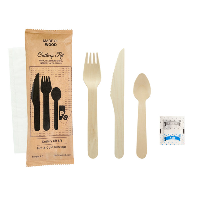 Kit cubiertos de madera 6/1: Cuchillo, tenedor, cuchara, servilleta, sal&pimienta con funda A165mm - 50Uds