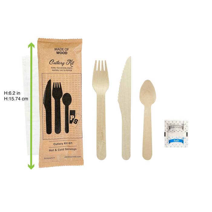 Kit cubiertos de madera 6/1: Cuchillo, tenedor, cuchara, servilleta, sal&pimienta con funda A165mm - 50Uds
