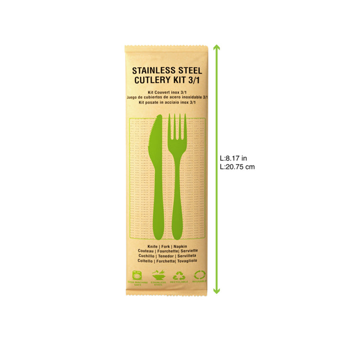 3/1 cubiertos de acero inoxidable, cuchillo, tenedor, servilleta, envoltorio de papel 210x60mm A15mm - 250Uds