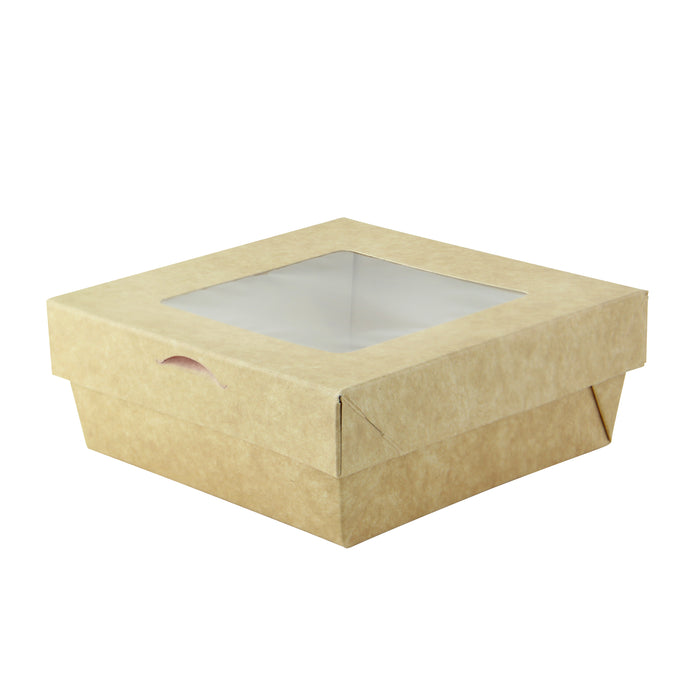 Caja horneable cuadrada de cartón marrón con tapa ventana KRAY 950ml 155x155mm A50mm - 25Uds