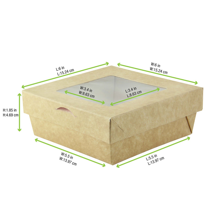 Caja horneable cuadrada de cartón marrón con tapa ventana KRAY 950ml 155x155mm A50mm - 25Uds