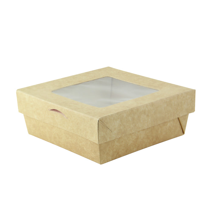 Caja horneable cuadrada de cartón marrón con tapa ventana KRAY 350ml 115x115mm A50mm - 25Uds