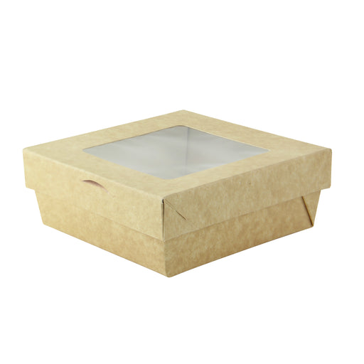 Caja horneable cuadrada de cartón marrón con tapa ventana KRAY 135x135mm A50mm - 25Uds