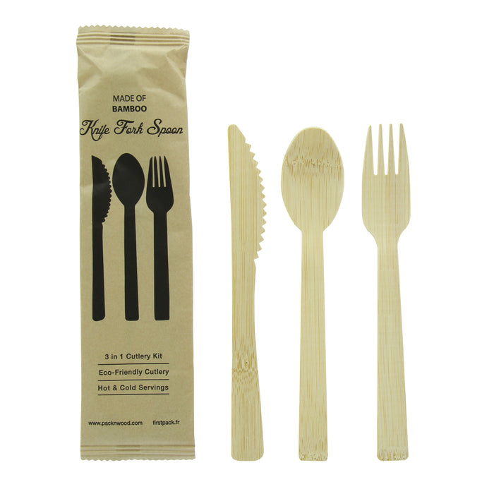 Kit 3/1 cubiertos de bambu ANJI : Cuchillo, tenedor, cuchara, embalaje kraft A170mm - 100Uds