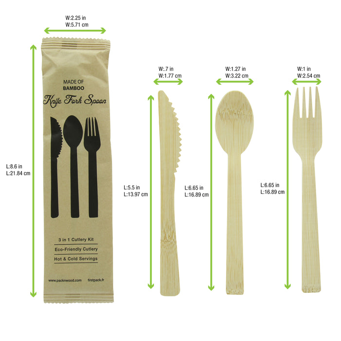 Kit 3/1 cubiertos de bambu ANJI : Cuchillo, tenedor, cuchara, embalaje kraft A170mm - 100Uds
